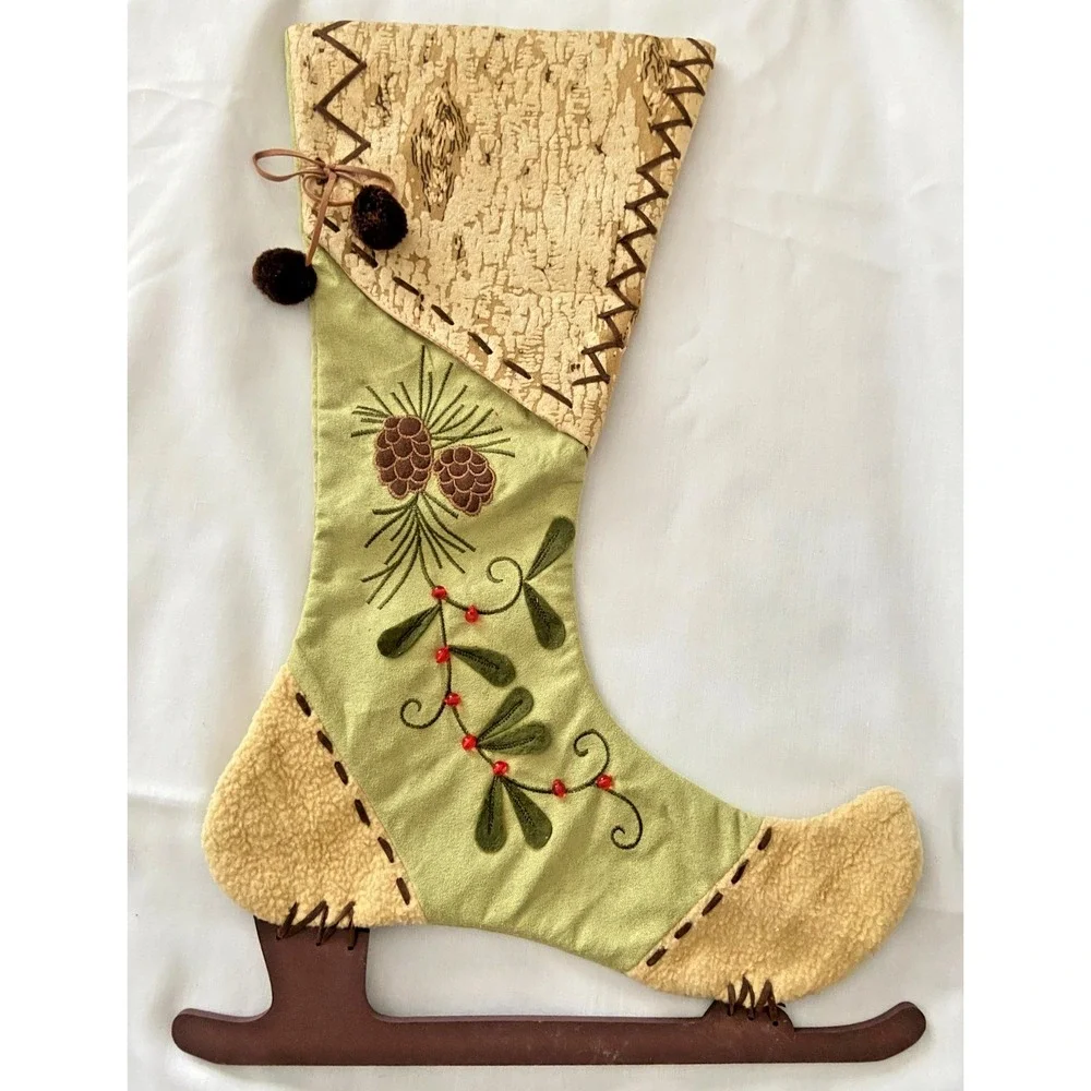 Pier 1 Import Ice Skate Christmas Stocking w/ Pine Cones Leaves Beaded Berries